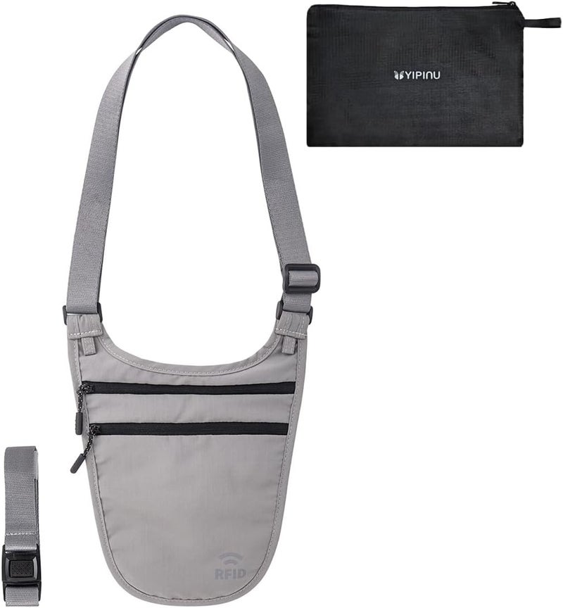 YIPINU Crossbody Money Belt for Travel Women & Men Hidden, Travel Wallet Pouch - Slim Passport Holde, RFID Blocking Neck Wallet Under Clothes to Protect Cash, Credit Cards and Documents (GRAY) - Image 1